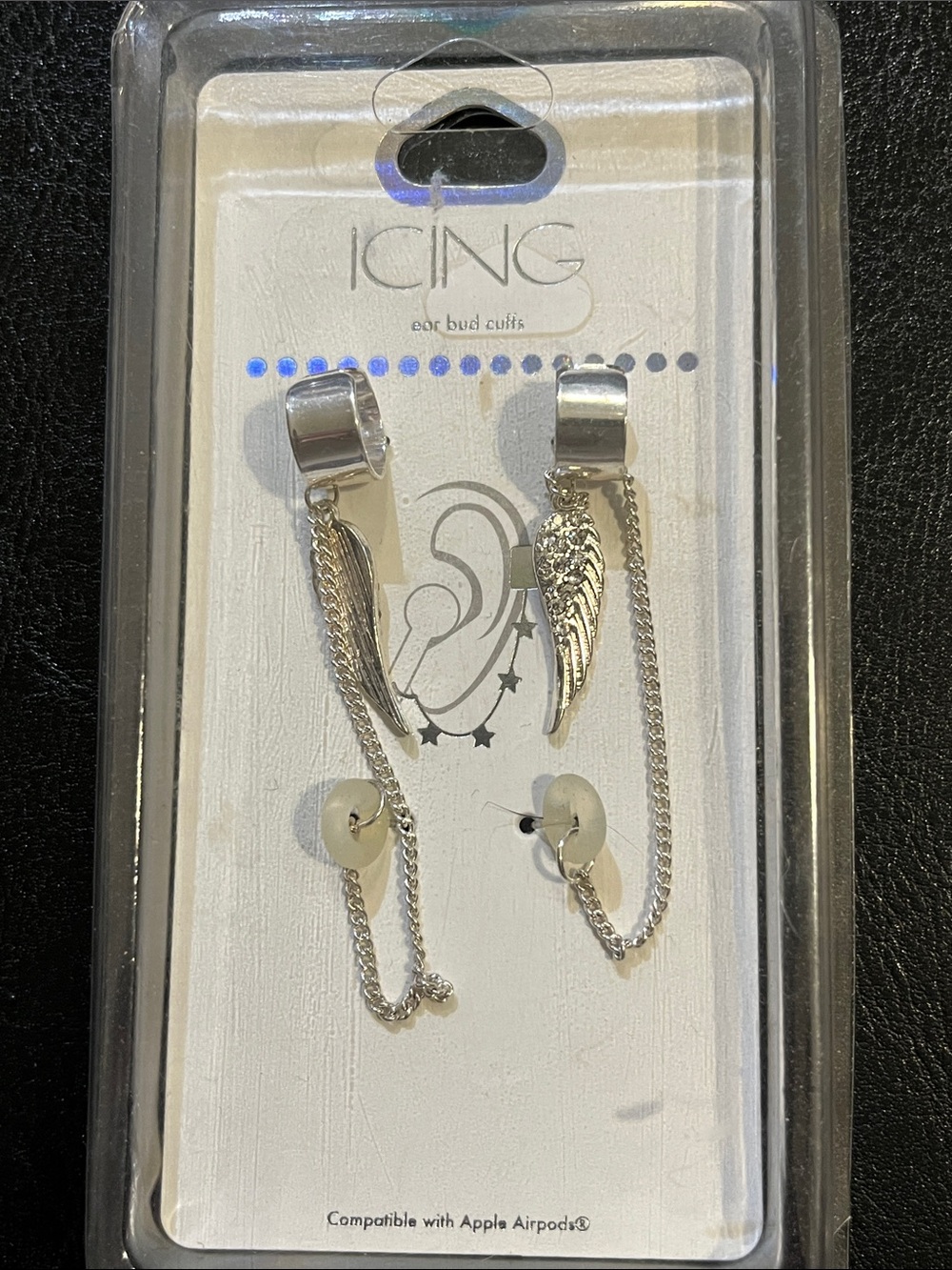 NEW in Box-ICING Silver Wing Ear Cuff Set w/Chains Compatible with Air Pods